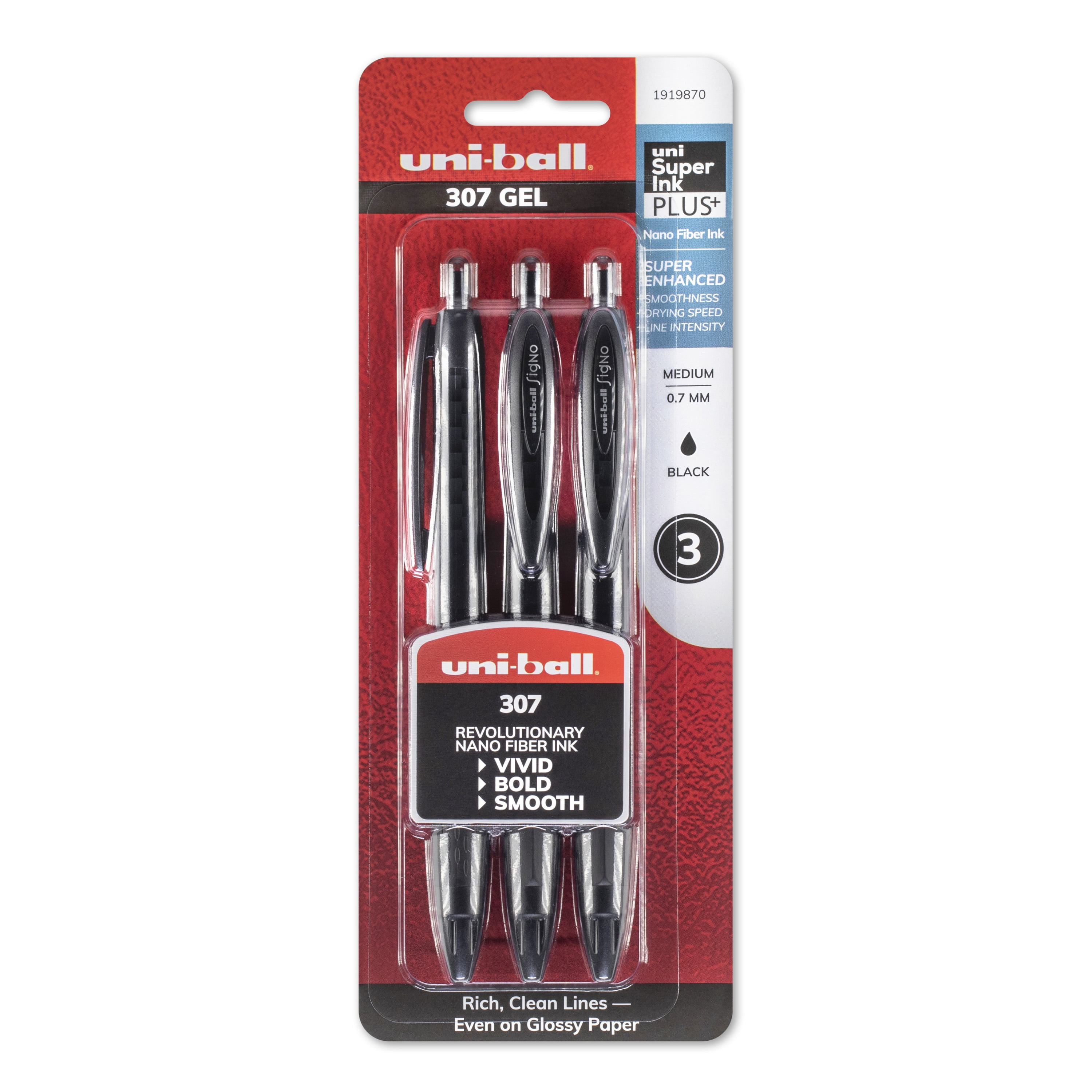 Uniball 307 Retractable Gel Pens, Medium Point (0.7 mm), Black, 3