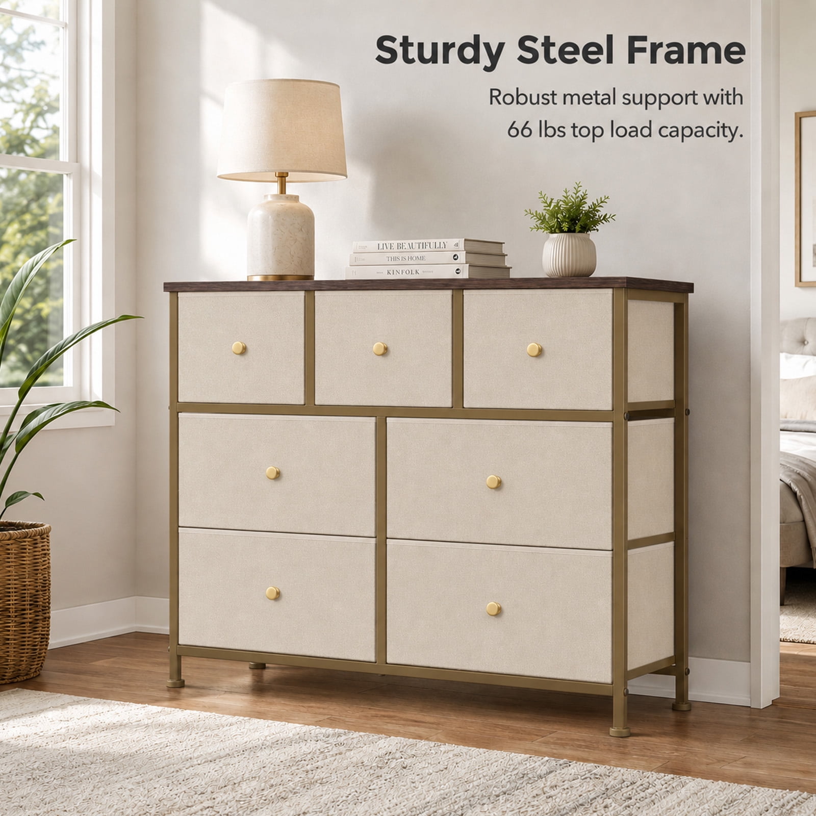 Alvantor 5/7 Drawer Fabric Dresser, Storage Tower for Bedroom and Closet, Chest of Drawers with Sturdy Steel Frame & Wooden Top for Living Room, Entryway