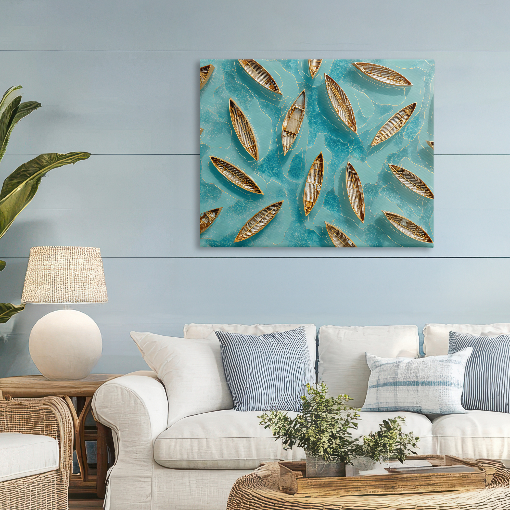 Harmonious Canoes on Water Canvas Wall Art, design by Franklyn Gregory