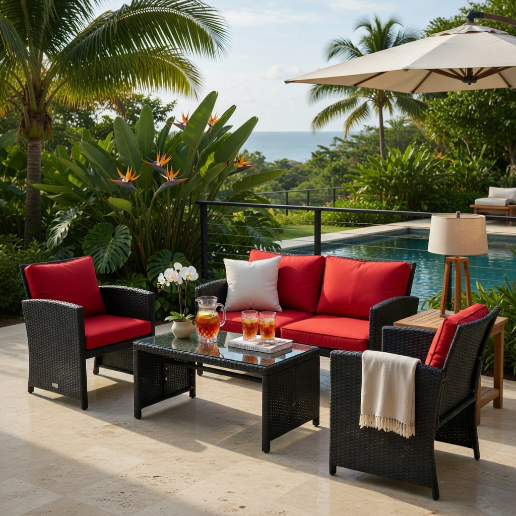 Hommoo 4-Piece Outdoor Rattan Patio Furniture Set with Cushions, Loveseat, 2 Chairs, Tempered Glass Coffee Table, Red