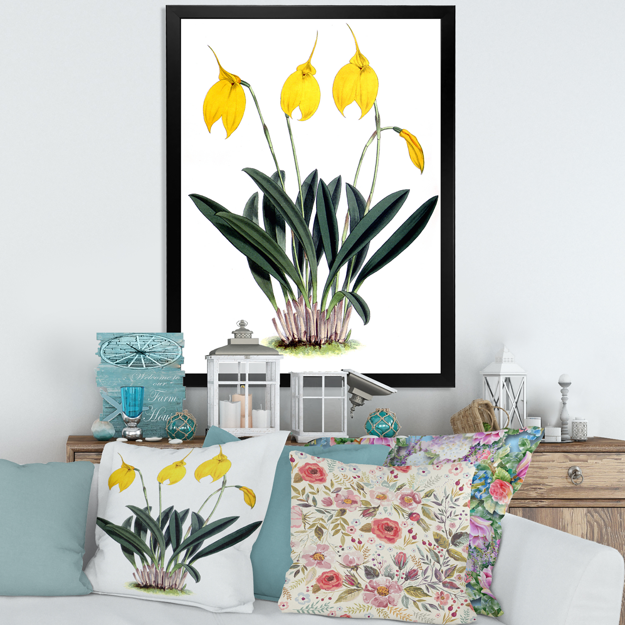 Designart 'Orchid Retro Flowers' Farmhouse Framed Art Print