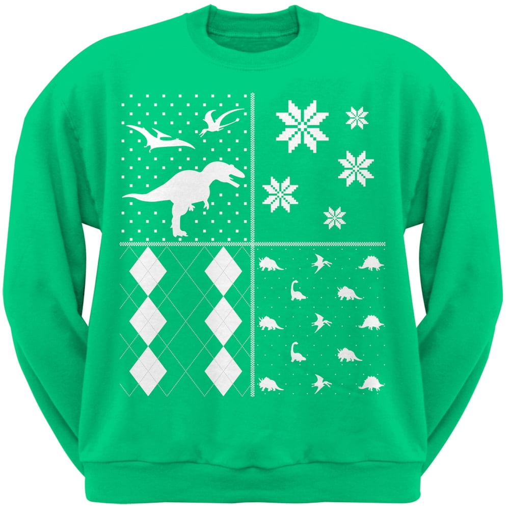 Old Glory Dinosaurs Festive Blocks Ugly Christmas Sweater Dark Green Adult Crew Neck Sweatshirt