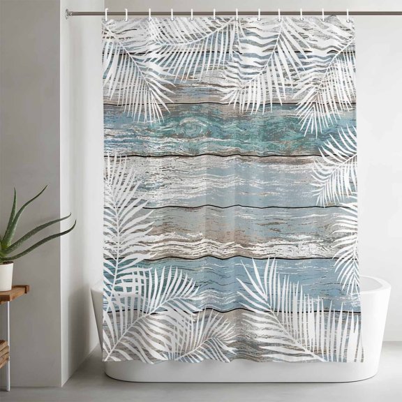 Shower Curtains for Bathroom-36"x72",Summer White Palm Leaves Waterproof Bath Curtain Grommet Shower Curtain Set with Hooks,