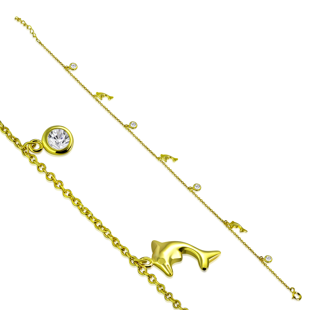 Gold Dolphin Anklet 925 Sterling Silver Cubic Zirconia