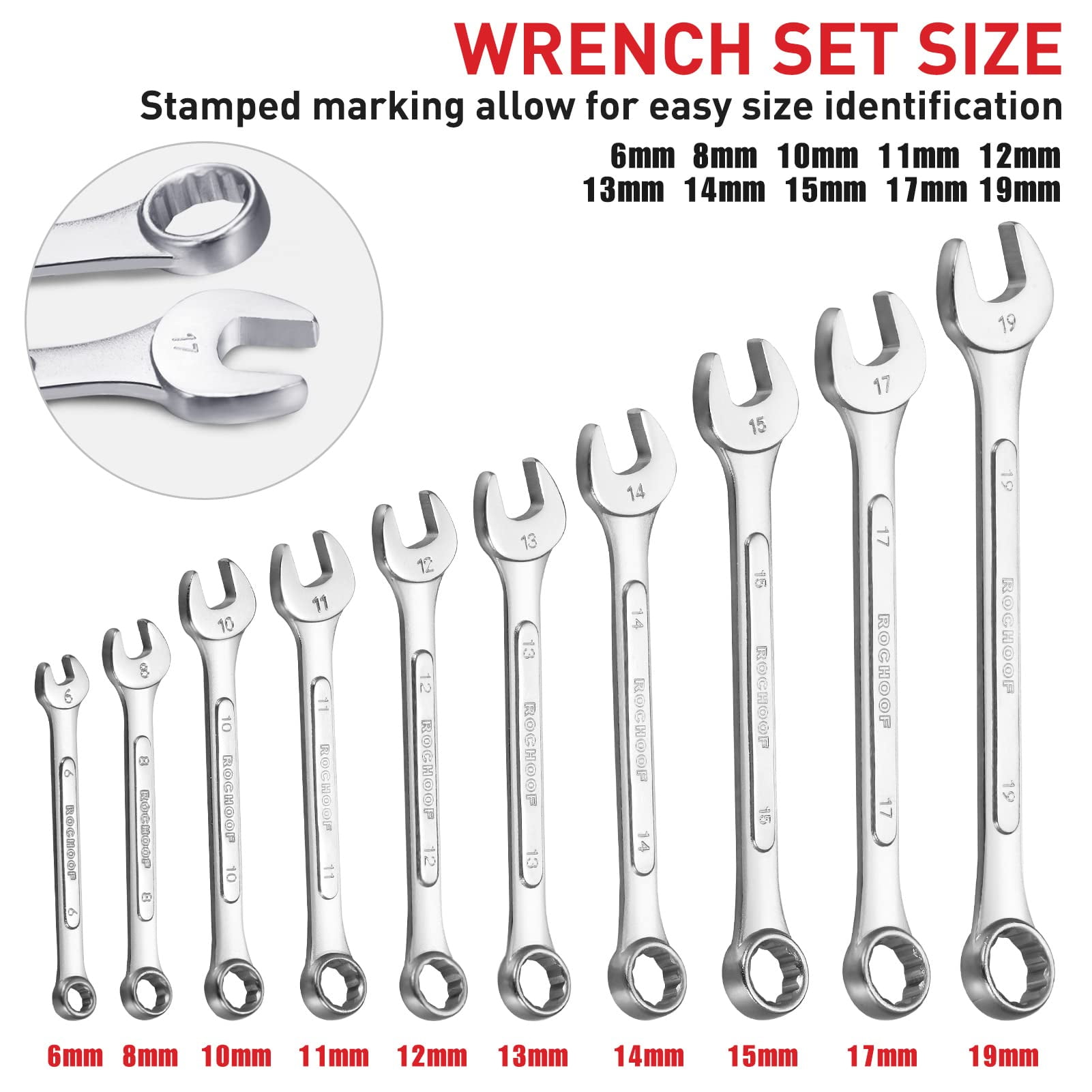 Combination Wrench Set Metric,10-Piece 6-19mm Combination Wrenches 12-Point Chrome Vanadium Steel Wrench Set with Rolling Pouch