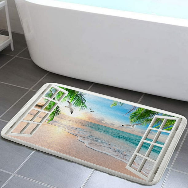 Beach Scene Bathroom Rugs, Tropical Beach Bath Mat Summer Seaside Scene
