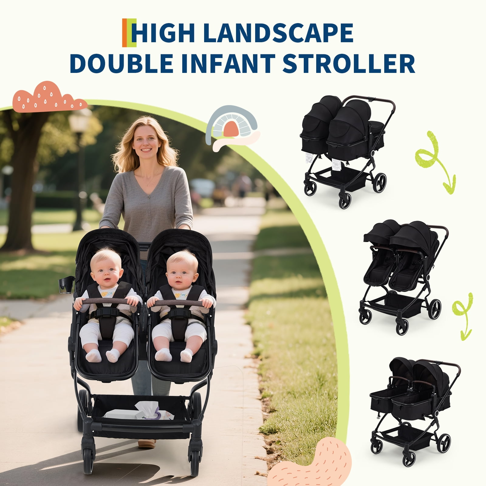 Roromall Side by Side Double Stroller for Twins, Adjustable Compact Folding Baby Travel Stroller with High Landscape Seat, Lightweight Canopy & Recline for Infant and Toddler