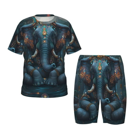 Luyuia Exotic Elephant Print Girls  2-Piece Tie-Dye Pajama Set  Cute Summer Loungewear with Shirt and Tank Shorts Nightwear-Large