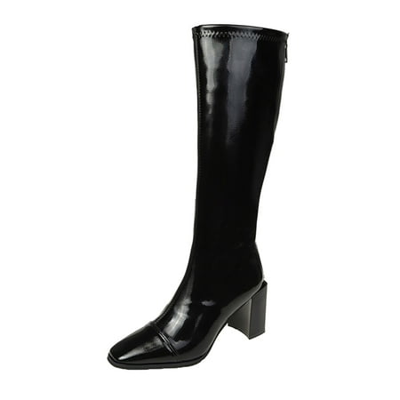 

SEMIMAY Ladies Fashion Solid Color Bright Leather Back Zip High Heel Boots Black