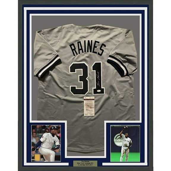 Framed Autographed/Signed Tim Raines 35x39 New York Yankees Grey Baseball Jersey JSA COA