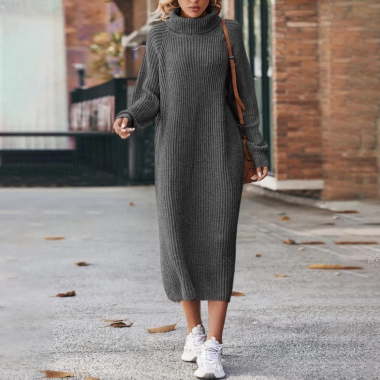 Women's Sweater Sweater Dress Casual Soft Pure Color Ribbed Turtleneck Knitted Long Sleeve Long Tops Knit Outdoor Daily Weekend Black Dark Green Fall