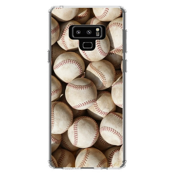 DistinctInk Clear Shockproof Hybrid Case for Samsung Galaxy Note 9 - TPU Bumper, Acrylic Back, Tempered Glass Screen Protector - Old Baseballs - Baseball