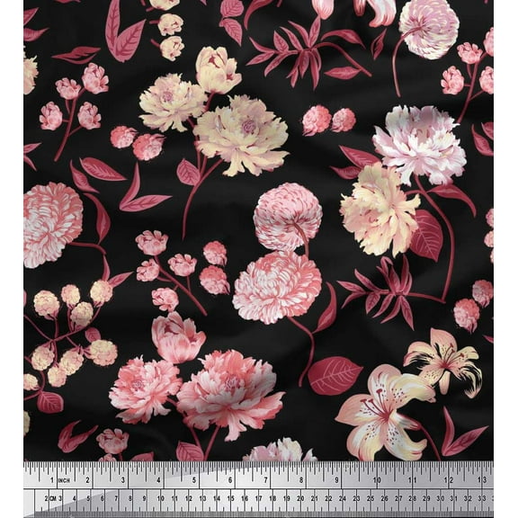 Soimoi Black Cotton Duck Fabric Leaves & Artistic Floral Print Fabric by The Yard 42 Inch Wide