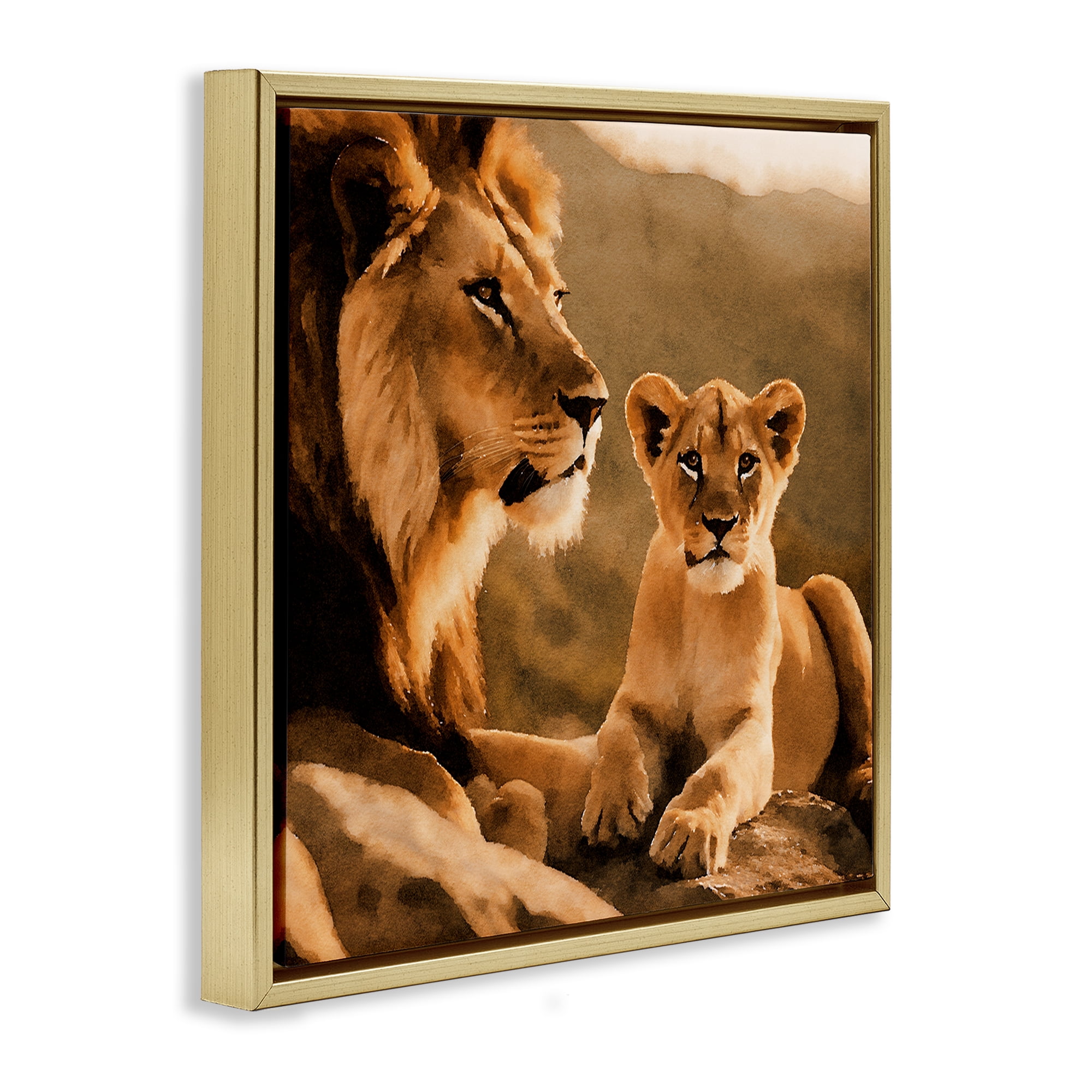 Stupell Industries Lion & Cub Portrait Animals Painting Gold Floater Framed Canvas Art Print Wall Art, 18 x 18