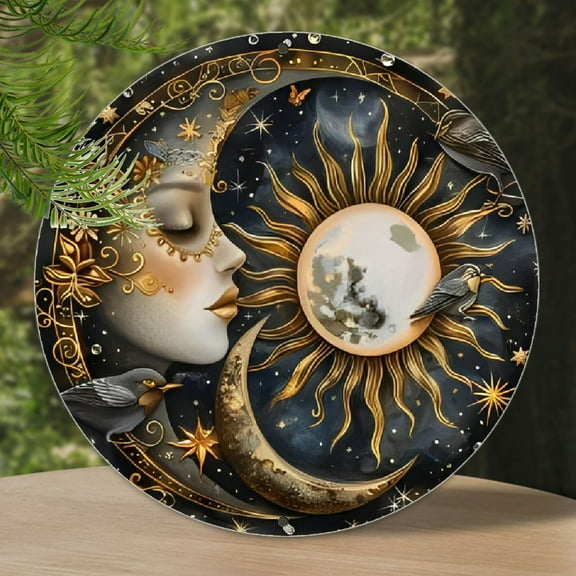 One Piece, a Wreath Sign Featuring a Sun And Moon Design (8X8 Inches), a Round Aluminum Decorative Sign Suitable for Home, Café, Apartment, Restaurant, And Living Room Wall Decor