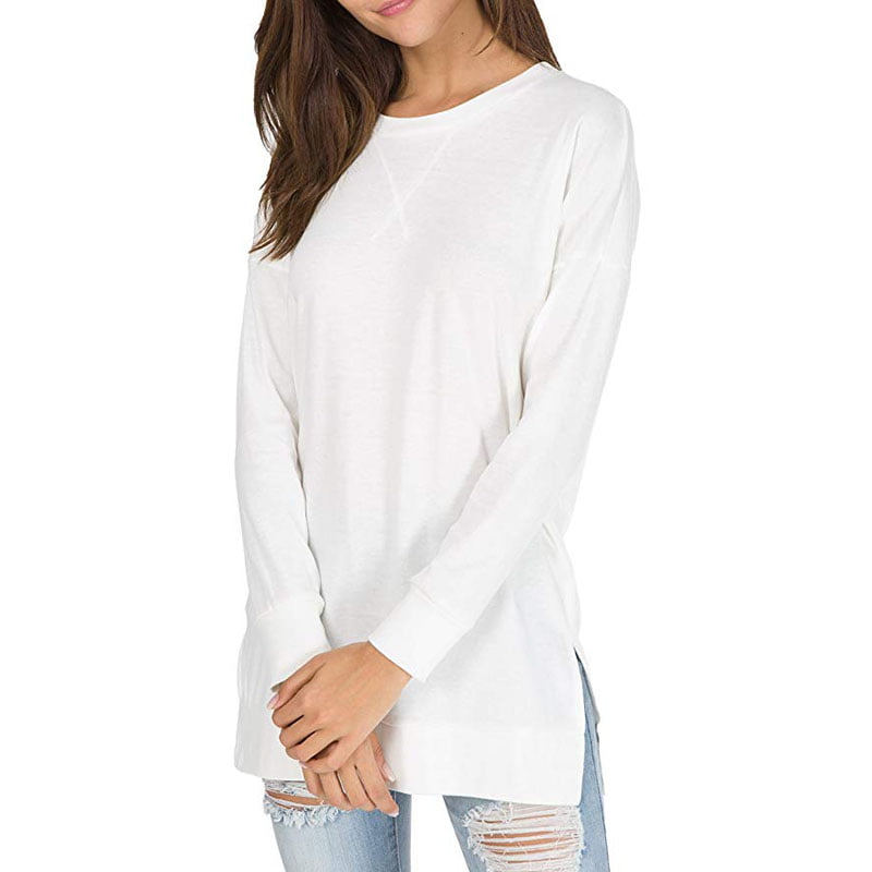 Women Long Sleeve Casual Solid Pattern Blouse Tunic Top Streetwear Side Split 