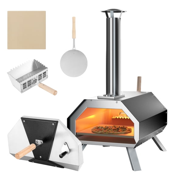 Patiojoy 12 Inch Outdoor Pizza Oven Portable Wood Fired Stainless Steel Pizza Grill with Pizza Stone Foldable Legs Thermometer and Pizza Peel
