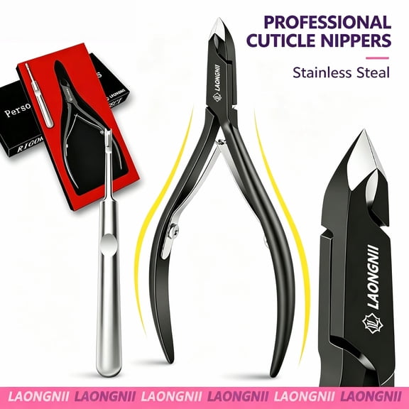 LAONGNII 2-Piece Stainless Steel Cuticle Nipper Set, 5mm Precision Jaw with Cuticle Pusher for Manicure Pedicure