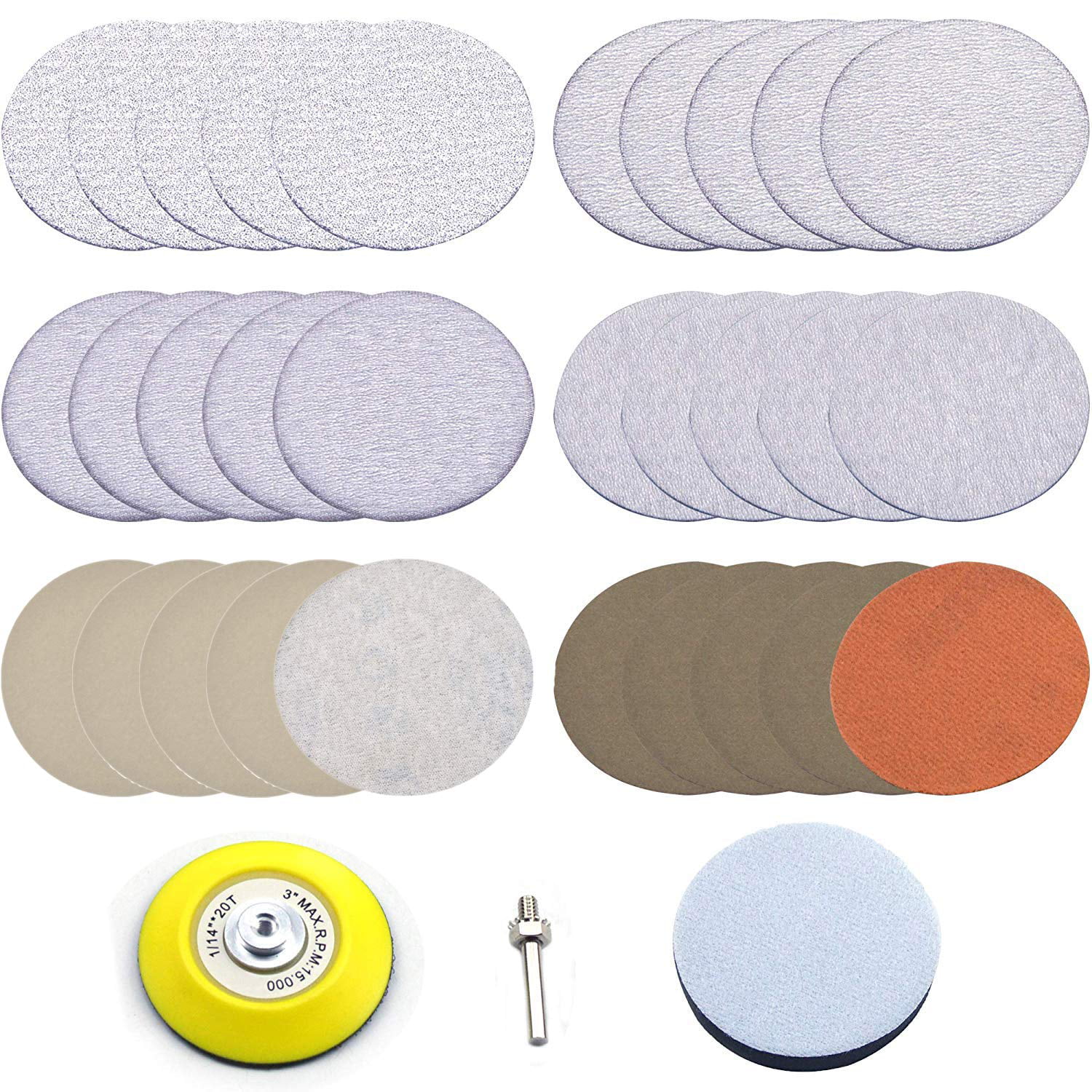 Soft Foam Buffering Pad for DIY Woodworking 3 Inch 5000 Grit Aluminum Oxide Waterproof Wet/Dry Hook and Loop Sanding Discs with a 1/4 inch Shank Backing Pad 30-Pack