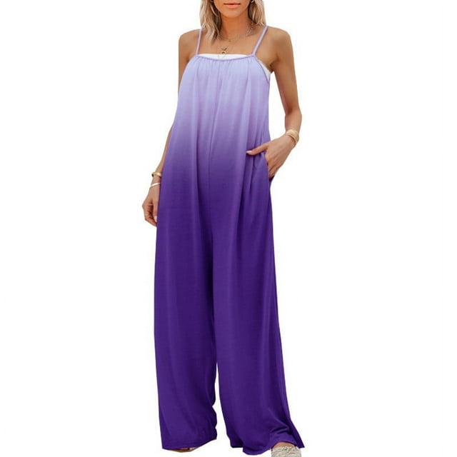 AherBiu Combinaisons pour Femmes Ample Sans Manches Bretelles Spaghetti Réglables Couleur Dégradée Longue Combinaison avec Poches