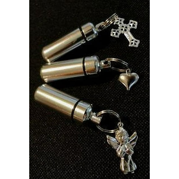 Engraved Trio of Silver CREMATION URN KEYCHAINS - Angel / Cross / Heart - Includes 3 Velvet Pouches & Fill Kit