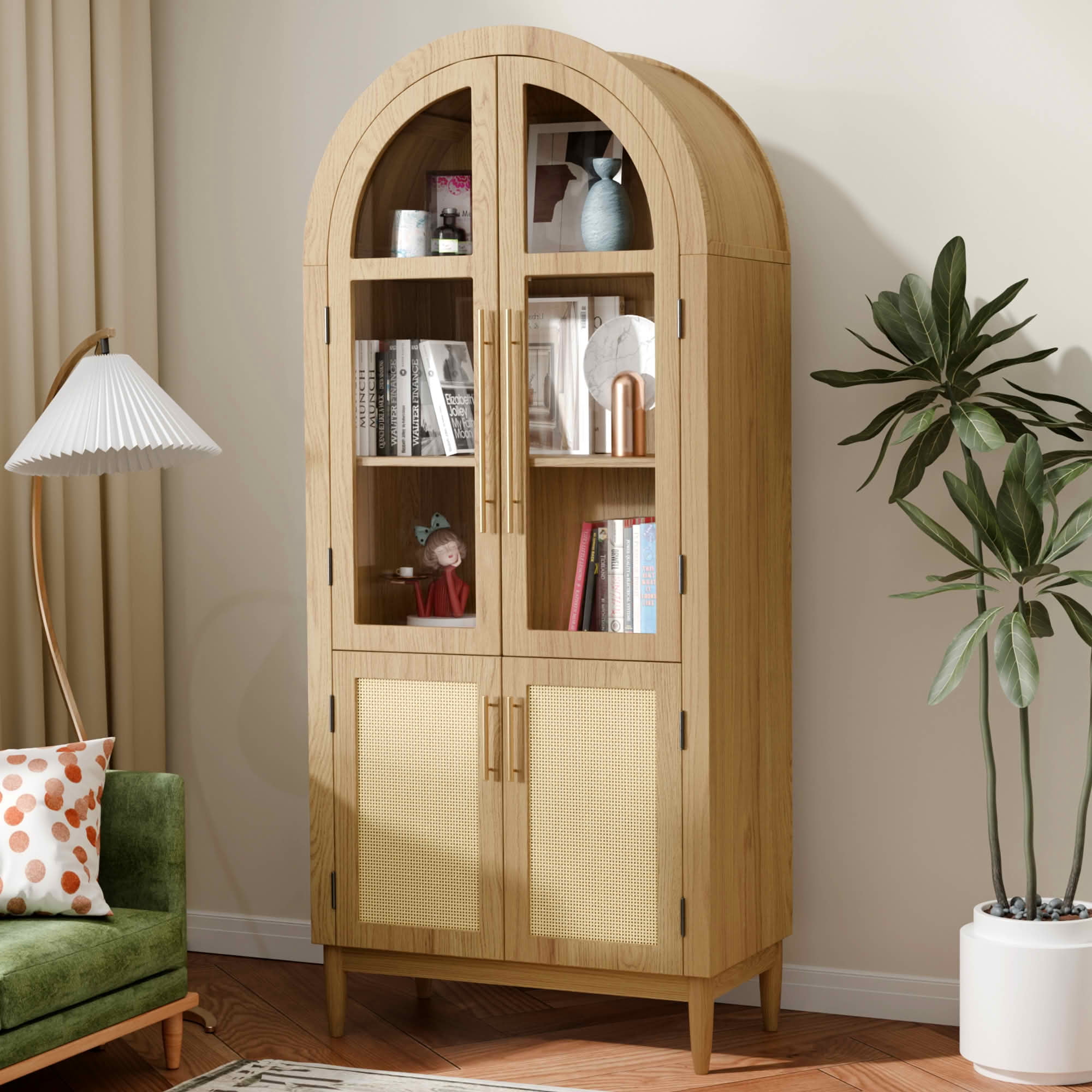 MAYEERTY 71" Oak Arch Cabinet with Glass Doors, for Living Room Dining Room
