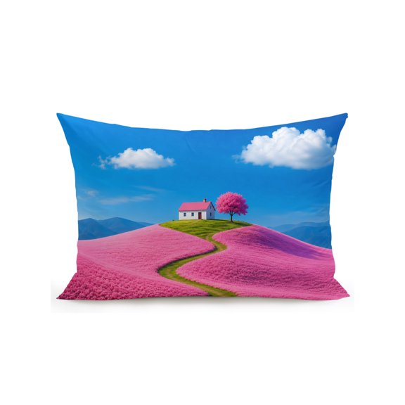 Outdoor Pillows Waterproof, Pink Blue Bedding Throw Pillows with Insert for Couch Sofa Bed, Natural Landscape Country Tree Flowers 12x20 Inch Pillowcases Decorative Camping Patio Pillow Set of 1