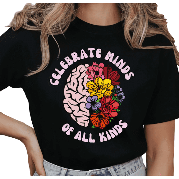 UNISHE Women's "Celebrate Minds Of All Kinds" Floral Brain Graphic Short Sleeve T-Shirt Casual Cotton Crewneck Top