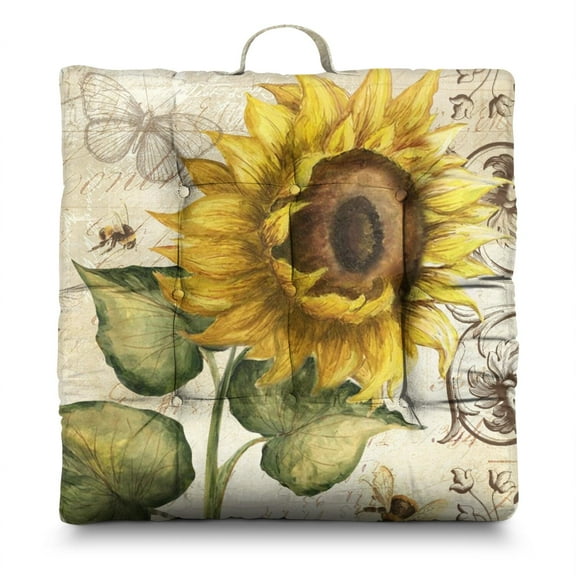 Yellow Bloom Floor Cushion 22 Inch Large Square Pillow, Sunflower & Truck Design, Plush for Tatami & Meditation