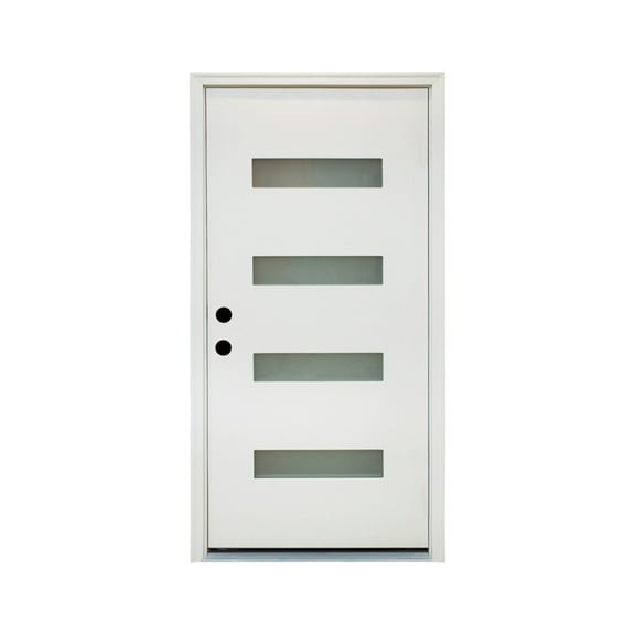 36 x 80 Fiberglass Entry Door with Brickmould, 4-Lite Frosted Glass - Contemporary Style for Home's Front Entrance, Right Hand Inswing, Vinyl Frame, White Finish Knock-Down Entry Door