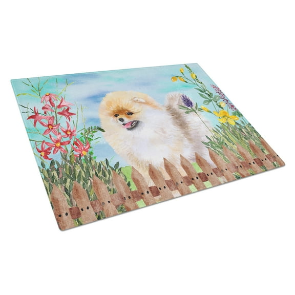 Caroline's Treasures Pomeranian Spring Glass Cutting Board Large