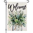 thumbnail image 1 of Spring Eucalyptus Mason Jar Garden Flag 12x18 Inch Double Sided Welcome Burlap Small Yard Flag Green Floral Design Perfect for Welcoming Guests in Style, 1 of 6