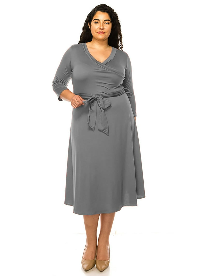 grey wrap dress plus size ZAPAKASA Women Grey Beaded A Line Plus Size Long Mother of the Bride Dress  V-Neck Chiffon Half Sleeves Prom Dress main image 1