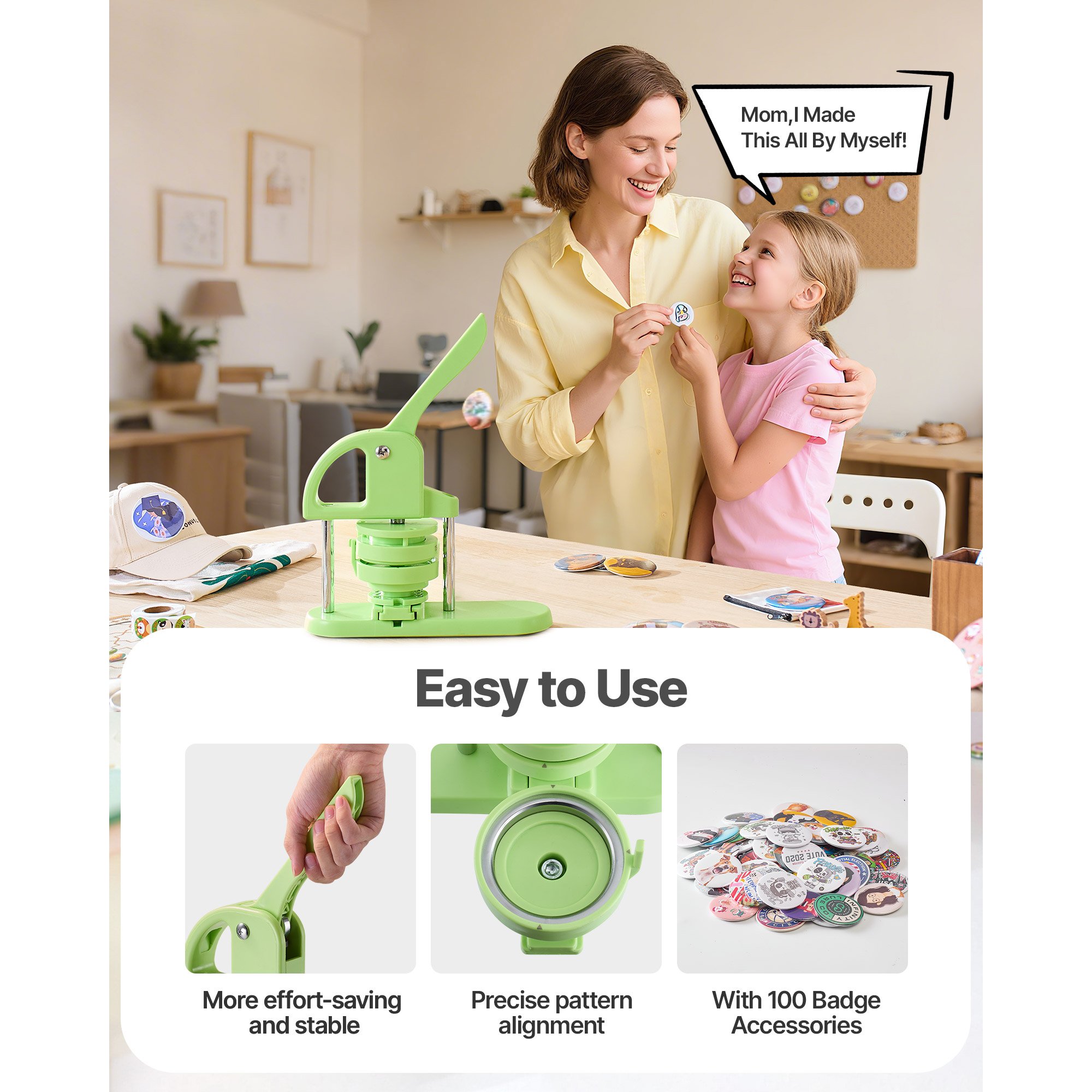 KFFKFF Button Maker Machine, 2.95 in, Plastic Pin Press with 100pcs Button Components, Circle Cutter, and Design Book, Durable Ergonomic Handle, Ideal for DIY Badges, Custom Pins, and Keychains