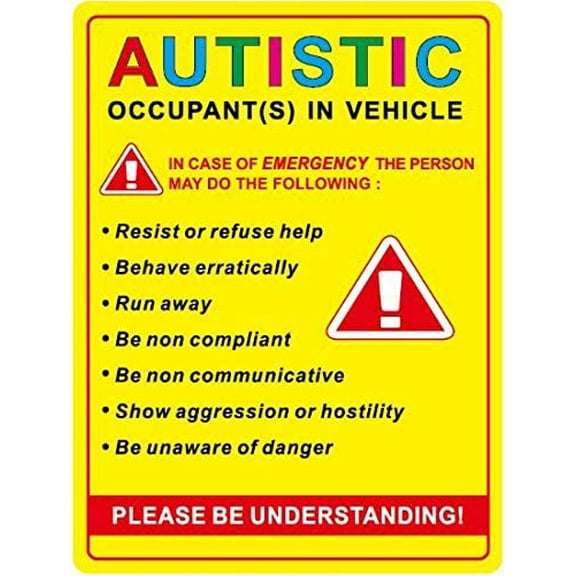 Autistic Occupant Vehicle Safety Warning Decal, 5 x 3.8 inches, Waterproof Die-Cut Vinyl Sticker Pack of 2