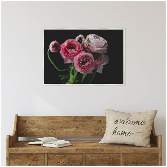 Kate and Laurel Mood Dark Pink Ranunculus Flower Bouquet Framed Canvas Wall Art by Kristybee 33 x 23 Sylvie Beaded White, Modern Contemporary, Still Life, Nature Art for Wall Decor, Living Room