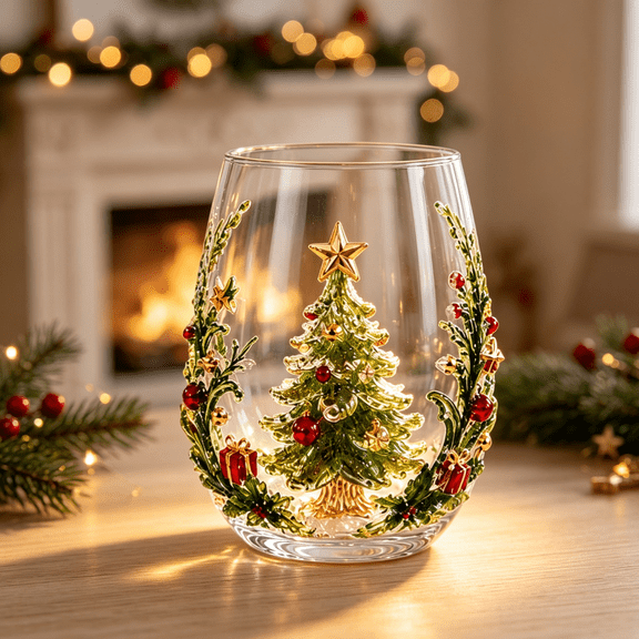 Magical Christmas 3D Glass Cup Complete 4 Design Collection Christmas Drinkware Set for Holiday Display（Christmas tree）