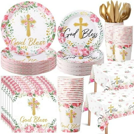 194 Pcs Baptism Plates and Napkins Tablecloth Cups Baptism Decorations Cross Disposable Holy Communion Set for Wedding Newborn Religious First Holy Communion Party Supplies