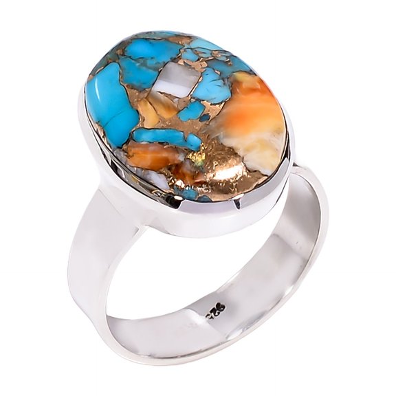 Blue and Orange Oyster Turquoise Gemstone 925 Sterling Silver Statement Ring Jewelry Gift for Her