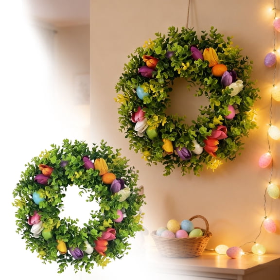Easter Egg Tulip Wreath Easter Egg Wreath Floral Door Handmade Hanging Arrangement Vivid Artificial Floral For Wall Window Farmhouse Party Holiday 16.9X16.9" Home Decor