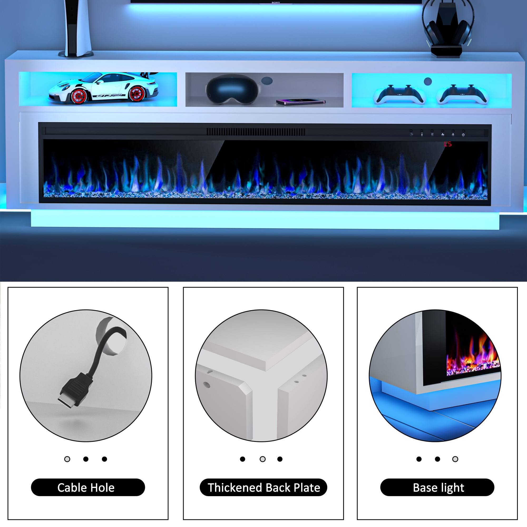 HARIPUL 58'' Fireplace TV Stand w/ LED Light & Storage Cabinet, Electric Fireplace for TVs up to 65 inches, White