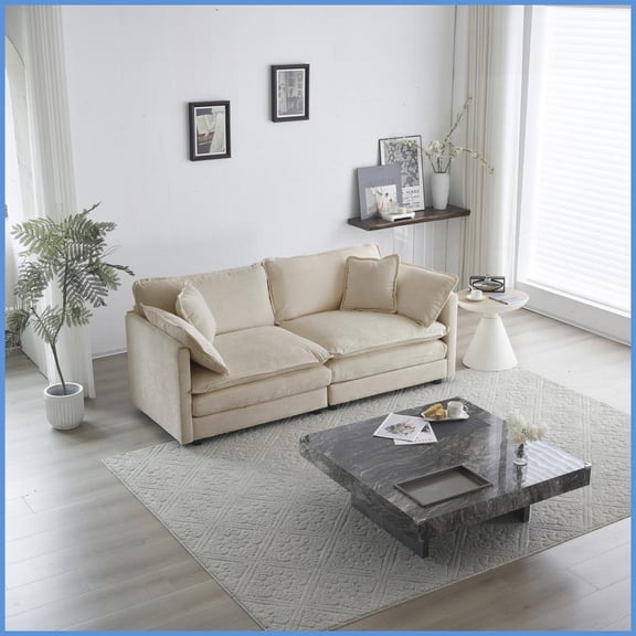 Modern Beige Chenille Loveseat Sofa with 4 Pillows - Sturdy Solid Wood Frame for Living Room Comfort