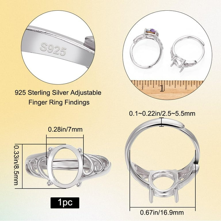 1 Box Prong Ring Blanks Sterling Silver Adjustable 4 Claw Prong Ring Settings Finger Ring Components with 8.5x7mm tray for Jewellery Making Kit
