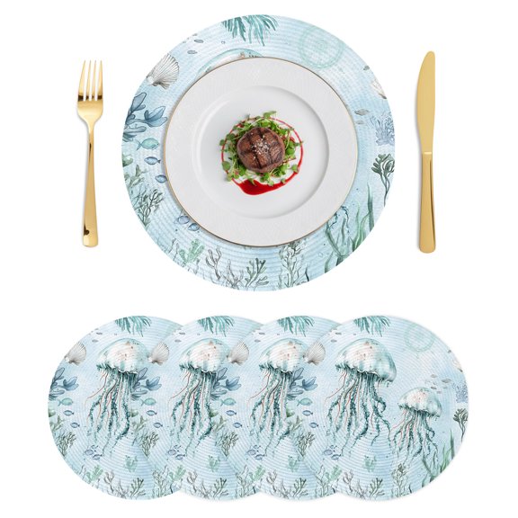 Round Placemats Summer Ocean 15 inch Set of 4 Table Mats for Dining Table Coastal Jellyfish Coral Heat Resistant Non-Slip Kitchen & Home Decorative Place Mat Set