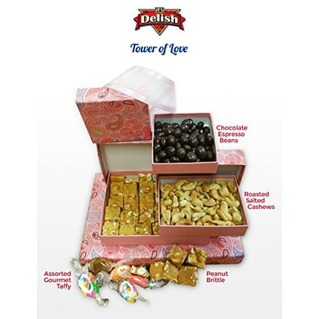 It's Delish! Tower of Love Mothers Day Gift Basket : The Perfect Mothers Day Present, Chocolate Espresso Beans, Gourmet Taffy, Roasted Salted Cashews & Peanut Brittle * 100% Freshness (Best Chocolate Gift Baskets)