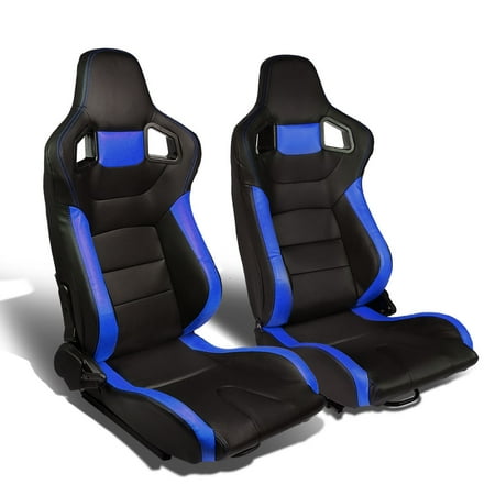 - Set of 2 Type-R PVC Leather Reclinable Black Racing Seats w/ Universal Sliders (Black/Blue)