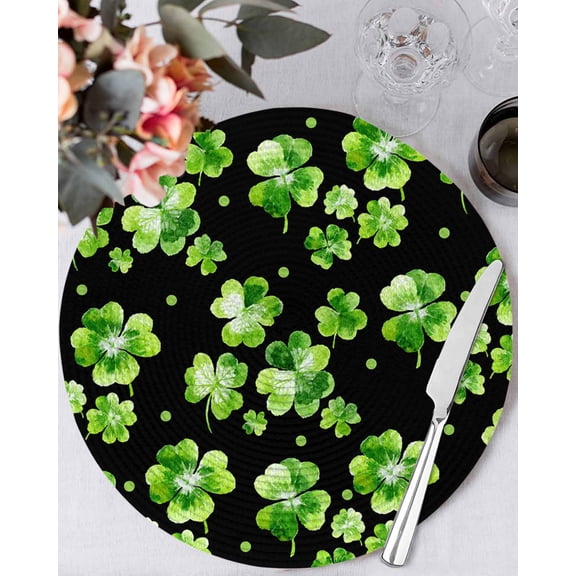 15 Inch Round Placemats Set of 4, St. Patrick's Day Non Slip Heat Insulation PP Table Mats, Watercolor Green Shamrock Polka Dots Black Washable Place Mats for Kitchen Dining Party Table Decor