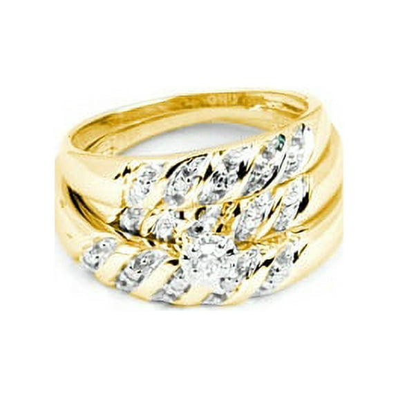 14kt Yellow Gold His & Hers Round Diamond Solitaire Matching Bridal Wedding Ring Band Set 1/12 Cttw
