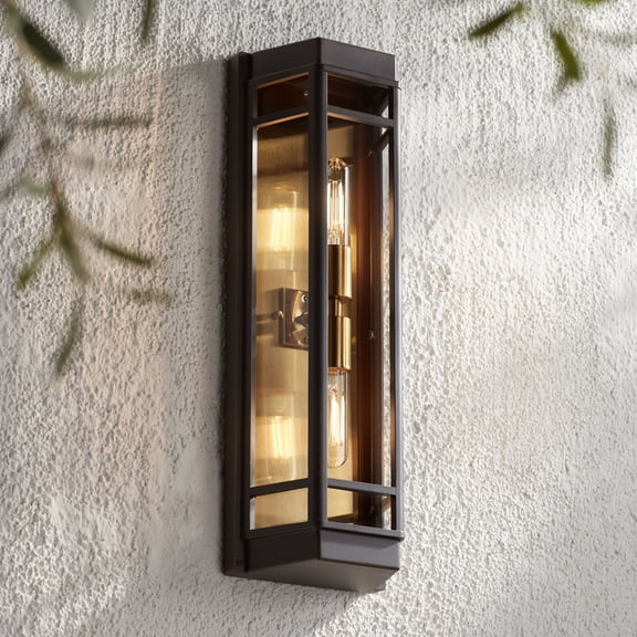 John Timberland Catie 21" High Modern 2-Light Outdoor Wall Light Fixture Mount Porch House Sand Bronze and Brass Finish Aluminum