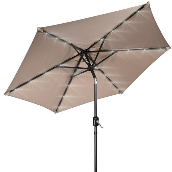 Parapluie de Patio Solaire de 7,5 Pieds x 7 Pieds, Parasol de Table de Marché en Plein Air avec Lumières LED, Inclinaison et Manivelle, Tan